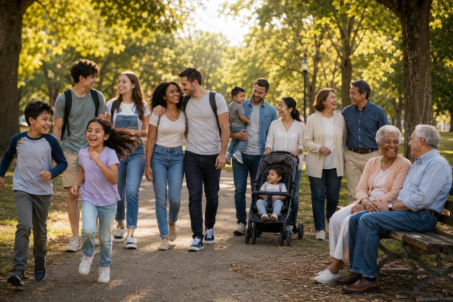 Families and neighbors of all ages walking together through a city park